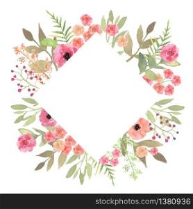 Flowers frame rhombus roses. Card on white backdrop. Hand drawn powder flower vector background border. . Flowers frame rhombus roses. Card on white backdrop. Hand drawn