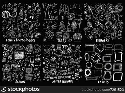 Flowers frames trees school holidays fruits icons vector illustration with many vegetables and fruit, different leaves buttons firs, festive goods. Flowers Frames Trees School Holidays Fruits Icons