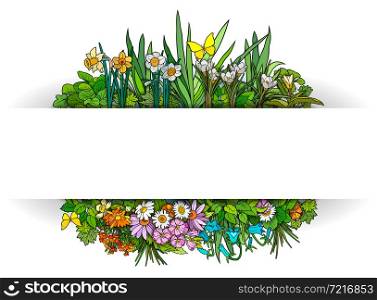 Flowers hand drawn vector doodles illustration. Nature elements and objects cartoon background. Frame design. Flowers hand drawn vector doodles illustration.