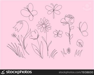 Flowers, Herbs, Grass, Dragonfly, Butterflies in Continuous Line Drawing Isolated on Pink Background. Sketchy Leaves, Chamomile and Rose. Vector Outline Simple Artwork with Editable Stroke.. Flowers, Herbs, Grass, Dragonfly, Butterflies in Continuous Line Drawing Isolated on Pink Background. Sketchy Leaves, Chamomile and Rose. Outline Simple Artwork with Editable Stroke.