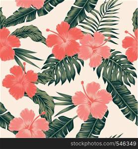 Flowers hibiscus abstract color tropical leaves seamless. Vector beach pattern wallpaper light background