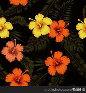 Flowers hibiscus yellow orange color tropical green banana leaves seamless pattern dark brown background