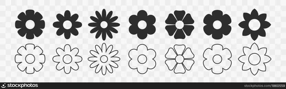 Flowers icons set on transparent background. Floral black pictogram in trendy flat and line style. Nature symbol for decoration design. Vector illustration.. Flowers icons set on transparent background. Floral black pictogram in trendy flat and line style.