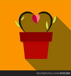 Flowers in a pot flat icon with long shadow. 2 sprouts in the shape of a heart. Flowers in a pot icon