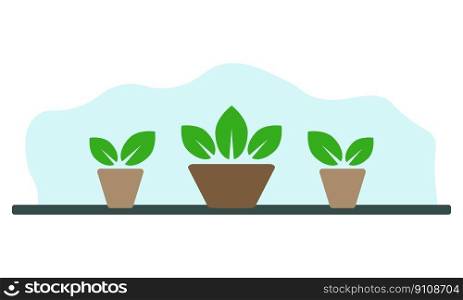 Flowers in a pot on the table, vector. Plants in a pot on a table on a blue background.