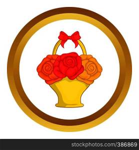 Flowers in basket vector icon in golden circle, cartoon style isolated on white background. Flowers in basket vector icon
