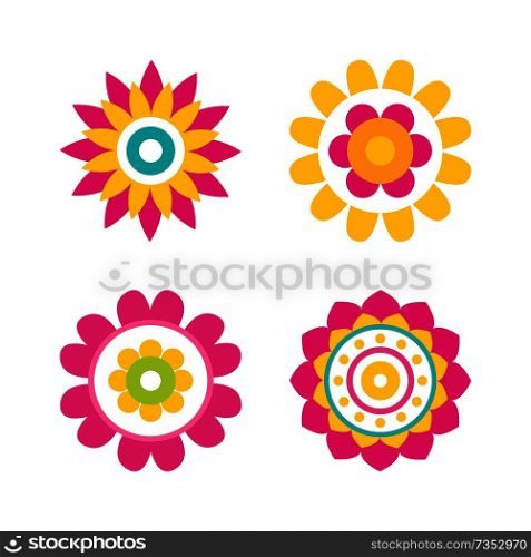 Flowers in bloom collection of flowers in blossom, flourishing plants and icons, petals and design vector illustration isolated on white background. Flowers in Bloom Collection Vector Illustration