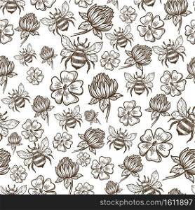 Flowers in bloom pollen by flying bees, colorless seamless pattern. Bumblebee insect buzzing by wildflowers. Flourishing plants with petals and leaves. Monochrome sketch outline, vector in flat style. Flying bee and flowers in bloom seamless pattern