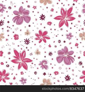 Flowers in blossom, blooming flora with leaves and petals. Decorative botanic ornament, wrapping paper for decor for greeting card. Wallpaper or background, seamless pattern. Vector in flat style. Flourishing flora botany, flowers in bloom print