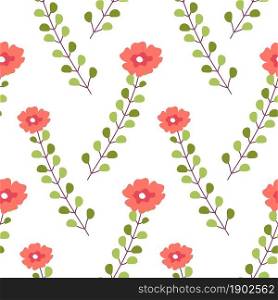 Flowers in blossom, blooming flora with small tender petals. Background or print, summertime or springtime flourishing. Ornaments and decoration for textile. Seamless pattern, vector in flat style. Blooming flower and branches with leaves vector