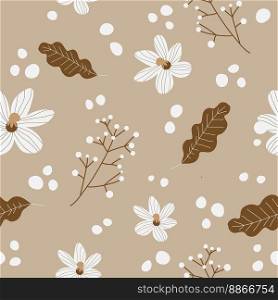 Flowers in blossom, blooming flowers and flourishing plants and botany decoration. Spring or autumn motif and adornment, floral decor. Seamless pattern or wallpaper background. Vector in flat style. Blooming flowers and leaves, seamless patterns