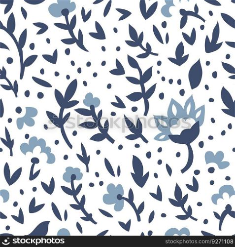 Flowers in blossom, blooming plants and branches with foliage and leaves. Decoration and floral ornament or motif design. Seamless pattern, background print or wallpaper. Vector in flat style. Blooming flowers and twigs seamless pattern print