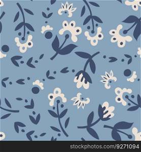 Flowers in blossom, floral botany decoration ornament or motif. Flora in bloom, leaves and twigs, petals and stems. Seamless pattern, background print or wallpaper. Vector in flat style illustration. Botany and flora ornament print, seamless pattern