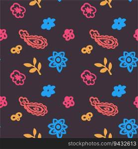 Flowers in blossom, twigs and branches with leaves and foliage. Floral composition and ornament with leafage design. Seamless pattern, wallpaper print or background. Vector in flat style illustration. Blooming flowers and leaves, flora and foliage