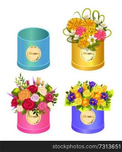 Flowers in boxes set of spring delicious bouquets with roses, bright daisies and crocus flowers in round paper cases vector illustration isolated on white. Flowers in Boxes Set of Spring Ddelicious Bouquets