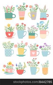 Flowers in cup summer spring set vector illustration
