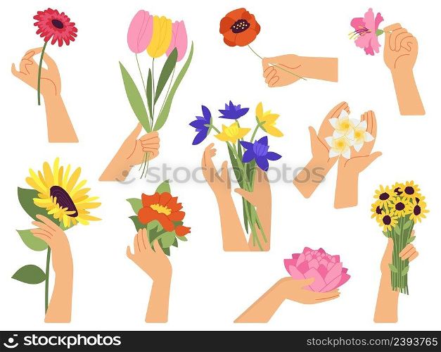 Flowers in female hands. Hand holding bouquets, spring summer garden flower. Botanical collection, women gift and florist hobby decent vector set. Illustration of bouquet female flower in hand. Flowers in female hands. Hand holding bouquets, spring summer garden flower. Botanical collection, women gift and florist hobby decent vector set
