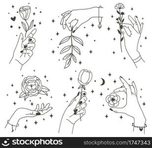 Flowers in magical hands. Trendy linear minimal style hands holding beautiful flowers. Minimalist tattoos or beauty studio design vector illustration set. Hand flower icon, magic floral mystic. Flowers in magical hands. Trendy linear minimal style hands holding beautiful flowers. Minimalist tattoos or beauty studio design vector illustration set