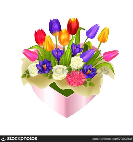 Flowers in oval decorative square box luxury tulips, tender crocus, elegant roses, early spring blossoms vector illustration isolated on white. Flowers Oval Decorative Box luxury Tulips Crocus