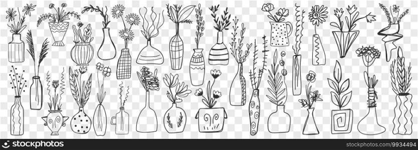 Flowers in pots doodle set. Collection of hand drawn various plants in pots for home growing isolated on transparent background. Illustration of home hobby as houseplants . Flowers in pots doodle set