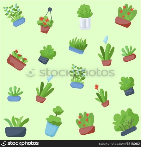 Flowers in pots flat vector seamless pattern. Houseplants background. Domestic greenery, blooming florets texture with cartoon color icons. Flowerpots wrapping paper, wallpaper design