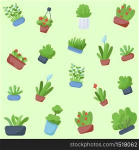 Flowers in pots flat vector seamless pattern. Houseplants background. Domestic greenery, blooming florets texture with cartoon color icons. Flowerpots wrapping paper, wallpaper design