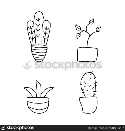 Flowers in pots, vector. Flowers in pots and cactus, black outline on a white background.