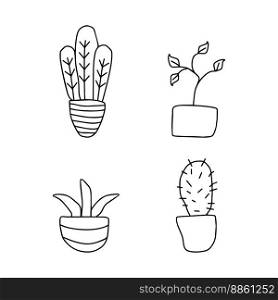 Flowers in pots, vector. Flowers in pots and cactus, black outline on a white background.