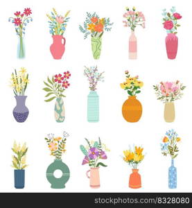 Flowers in vase. Elegant bouquets, bunch of blooming garden plants in decorative vases vector set of vase bouquet flower blossom illustration. Flowers in vase. Elegant bouquets, bunch of blooming garden plants in decorative vases vector set