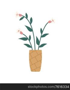 Flowers in vase isolated blossoms. Vector plants growing in pot, pink buds and green leaves home decoration element. Spring flora, botanical growings. Flowers in Vase Vector Isolated Blossoms Plants
