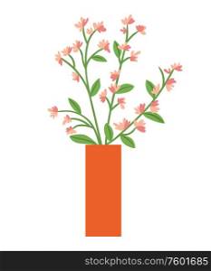 Flowers in vase or flowerpot with blooming plant isolated interior design decorative element. Vector pink blossoms and green leaves, pot with buds on branch. Flowers in Vase or Flowerpot with Blooming Plant
