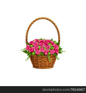 Flowers in wicker, Valentine day and wedding RSVP party symbol. Vector isolated pink roses and lily flowers bunch in wicker basket with handle. Valentine day and wedding, rose flowers in wicker
