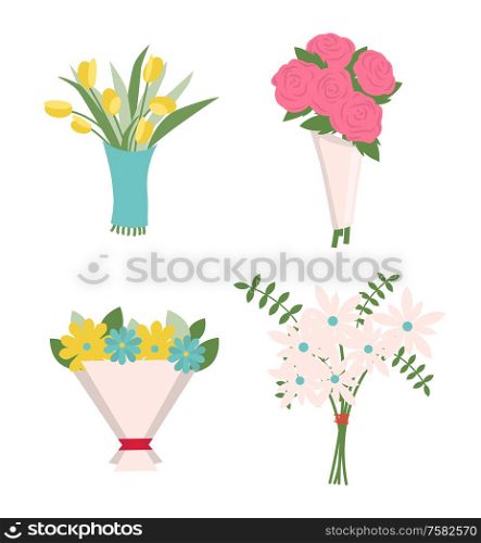 Flowers in wrapping vector, decoration isolated icons set. Tulips and roses in paper tied with red ribbon, green fern and foliage, rosebud present. Tulips and Roses, Fern Leaves in Bouquet Icons