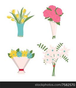 Flowers in wrapping vector, decoration isolated icons set. Tulips and roses in paper tied with red ribbon, green fern and foliage, rosebud present. Tulips and Roses, Fern Leaves in Bouquet Icons