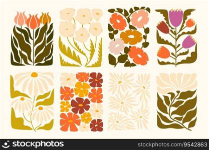 Flowers interior painting. Floral bouquet in vase, colorful natural botanical decoration for home interior design, spring floral wallpaper. Vector cartoon set. Plant blossom drawing, chamomile, tulips. Flowers interior painting. Floral bouquet in vase, colorful natural botanical decoration for home interior design, spring floral wallpaper. Vector cartoon set
