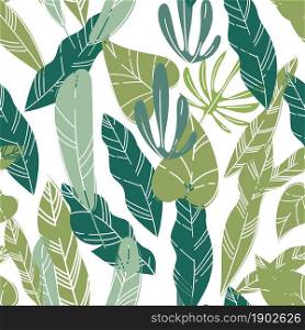Flowers leaves and exotic foliage, rainforest wildlife nature. Tropics garden or decorative flora. Seasonal blooming and fresh lush greenery in forest. Seamless pattern, vector in flat style. Exotic foliage and leaves of plants and flowers