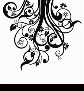 Flowers, leaves and swirls silhouette in black isolated