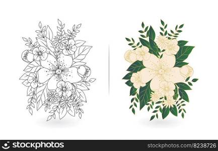Flowers lines art design, Floral hand drawn vector with two models colors monochrome and pastel, applicable for invitation cards, greeting cards, ready for print.