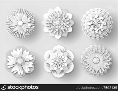 Flowers made of paper vector, isolated set of floral elements with ornaments, rounded shapes of plants with petals and foliage, shades of decoration. Origami Flowers White Paper Cut Out Objects Set