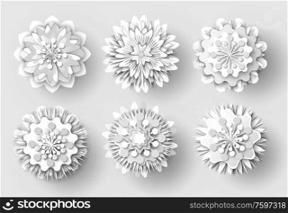 Flowers made of paper vector, isolated set of floral elements with ornaments, rounded shapes of plants with petals and foliage, shades of decoration. Origami Flowers White Paper Cut Out Objects Set
