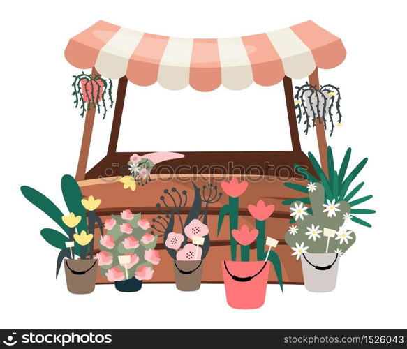 Flowers market stall flat vector illustration. Street local shop, store selling houseplants, bouquets. Floristry service cartoon concept. Shopping booth, wooden shopping counter with striped awning