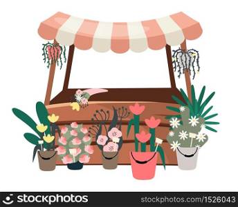 Flowers market stall flat vector illustration. Street local shop, store selling houseplants, bouquets. Floristry service cartoon concept. Shopping booth, wooden shopping counter with striped awning