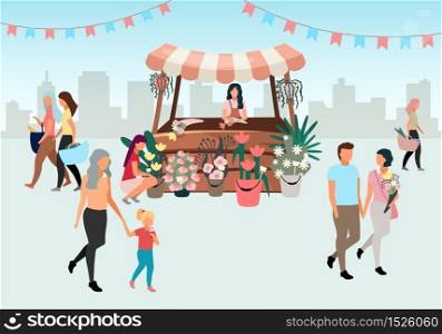 Flowers market stall with seller flat illustration. Street local store vendor selling bouquets. Florist cartoon character. Shopping booth, wooden shopping counter. Customers, people walk summer fair