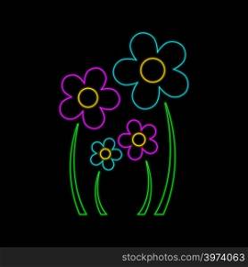 Flowers neon sign. Family concept. Bright glowing symbol on a black background. Neon style icon.