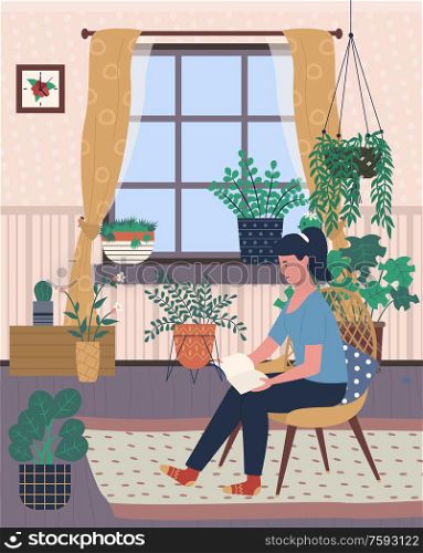 Flowers of greenhouse vector, plants growing in pots containers. Woman sitting on chair and reading book, hobby of person, orangery with flora foliage. Room with Flowers, Girl Reading Book Greenhouse