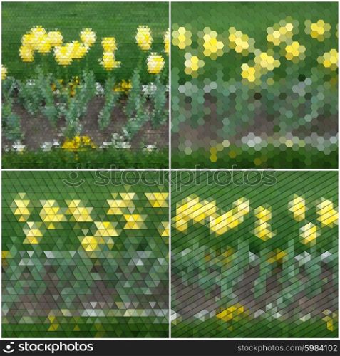 Flowers on the grass. Collection of abstract multicolored backgrounds. Natural geometrical patterns. Triangular and hexagonal style vector illustration. Flowers on the grass. Collection of abstract multicolored backgrounds. Natural geometrical patterns. Triangular and hexagonal style vector illustration.