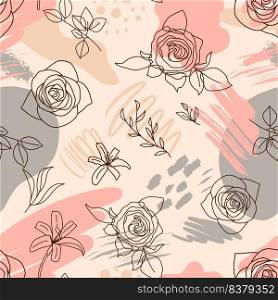 flowers pattern. line illustrations pencil drawing. Flowers roses line pattern. Line illustrations with blots. pencil drawing on pink and grey color.
