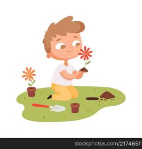 Flowers planting. Boy caring plants in garden. Cute cartoon baby replant flower from pot in ground vector illustration. Care agriculture plant, gardener boy. Flowers planting. Boy caring plants in garden. Cute cartoon baby replant flower from pot in ground vector illustration