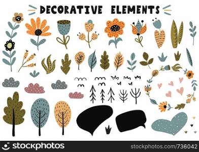 Flowers, plants, trees, leaves, bubbles collection. Decoration elements for your design. Vector illustration