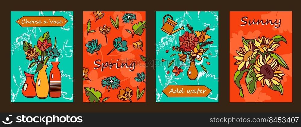 Flowers posters set. Bunches in vases, blossoms vector illustrations with text on orange and green background. Florist shop or spring concept for flyers and brochures design